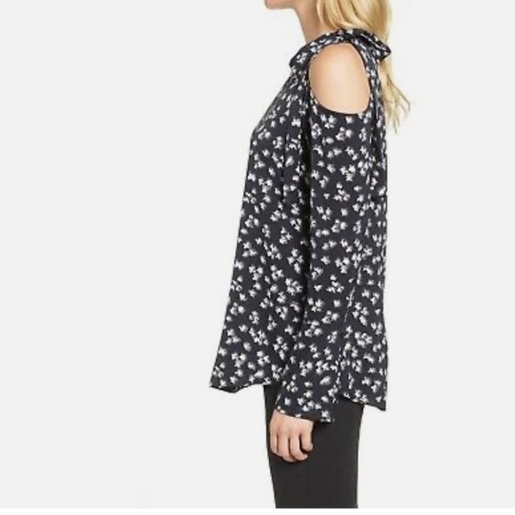 LEWIT one / cold shoulder bow detail long sleeve blouse stretch silk black wht S - Picture 3 of 16